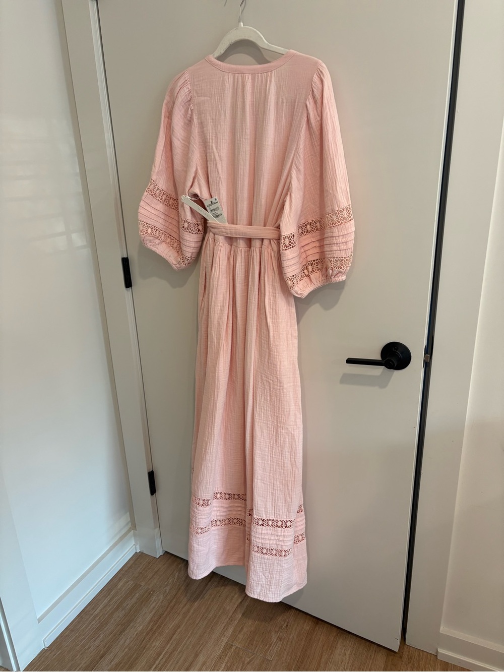NWT Blush Pink Maxi Dress Puff Sleeve Boho Cottagecore Peasant Crochet Tie Waist - Picture 12 of 14